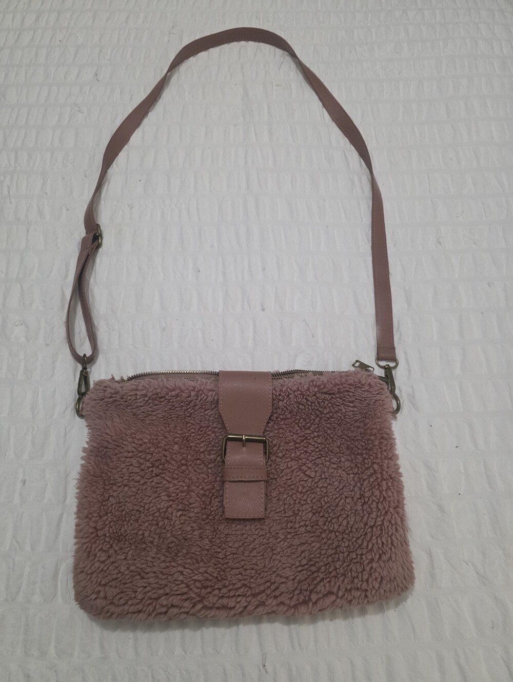 Plush Shearling Crossbody Bag in Dusty Rose